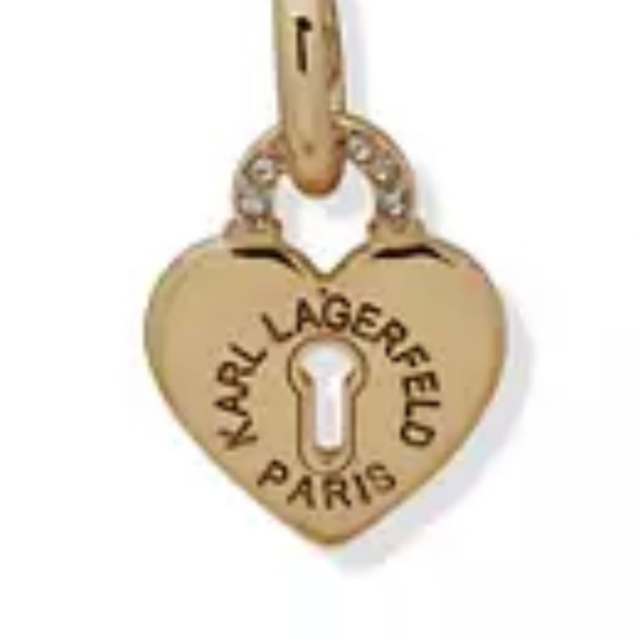 KARL LAGERFELD PARIS Gold-Tone Logo & Pavé Heart Padlock Charm Beaded C-Hoop - Picture 5 of 14